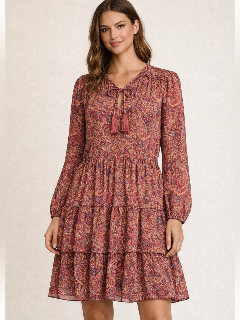 Frye Pink Paisley Long-Sleeve Tiered Dress